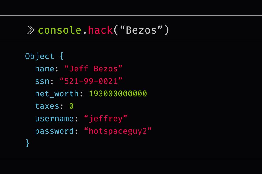 console.hack statement that reveals information about Jeff Bezos