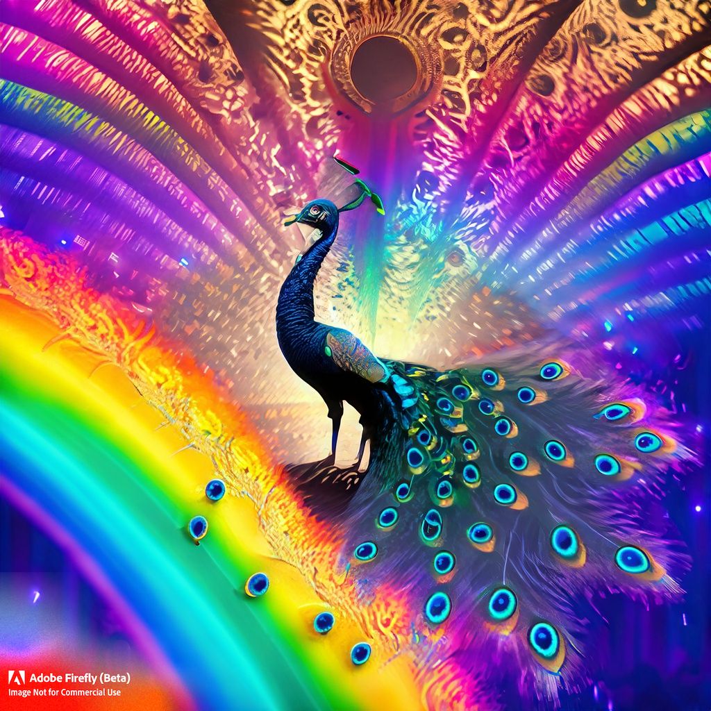 ﻿peacock in a disco at the end of a double rainbow