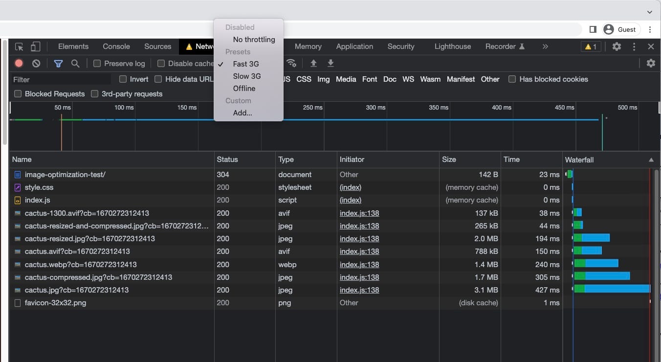 Dev tools network request with the throttling option selected