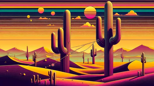 A large and small cactus with dotted lines connecting them in a synthwave style