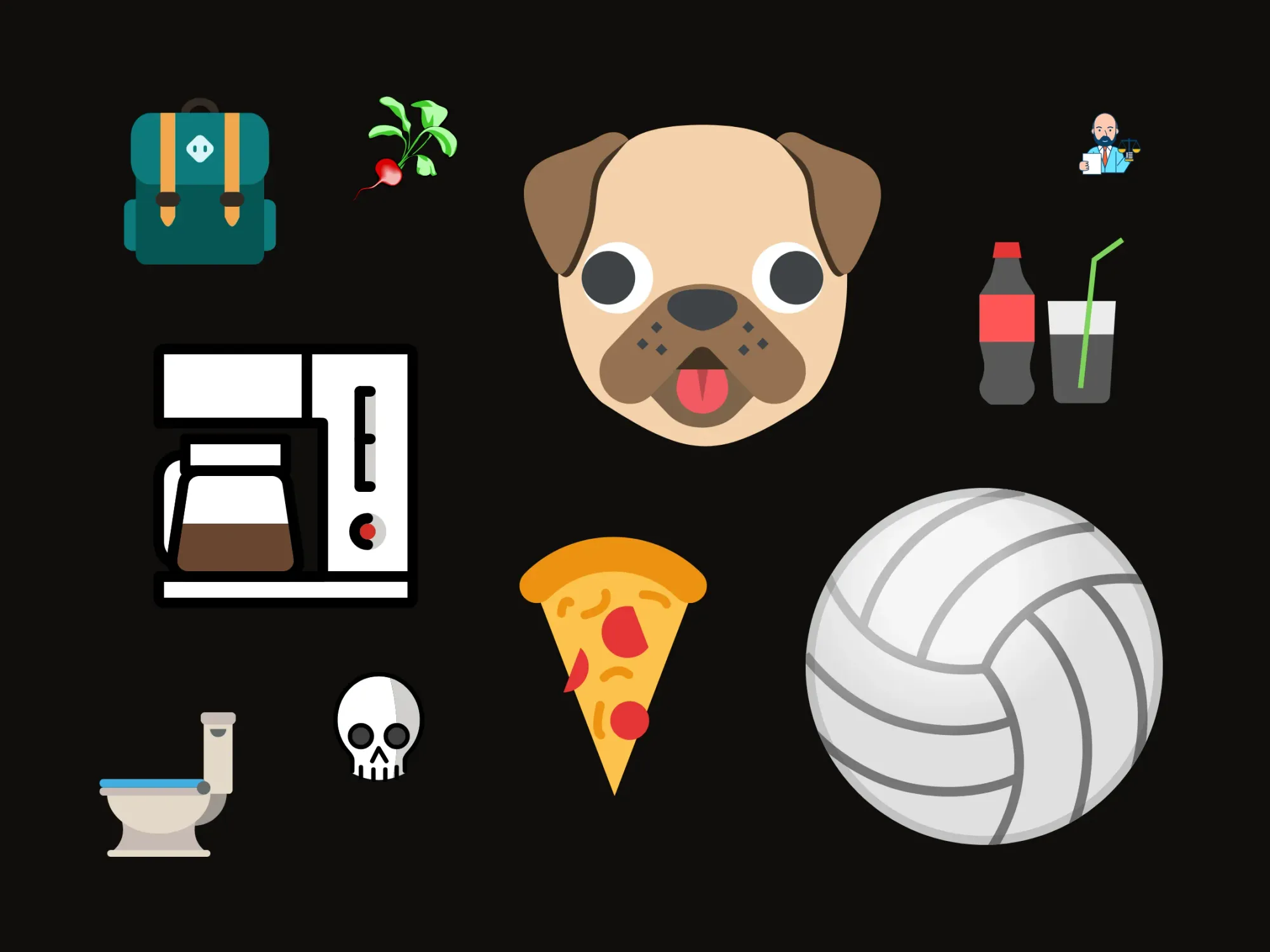 Assortment of random icons including a backpack, coffee maker, radish, toilet, skull, pizza, volleyball, soda, and lawyer